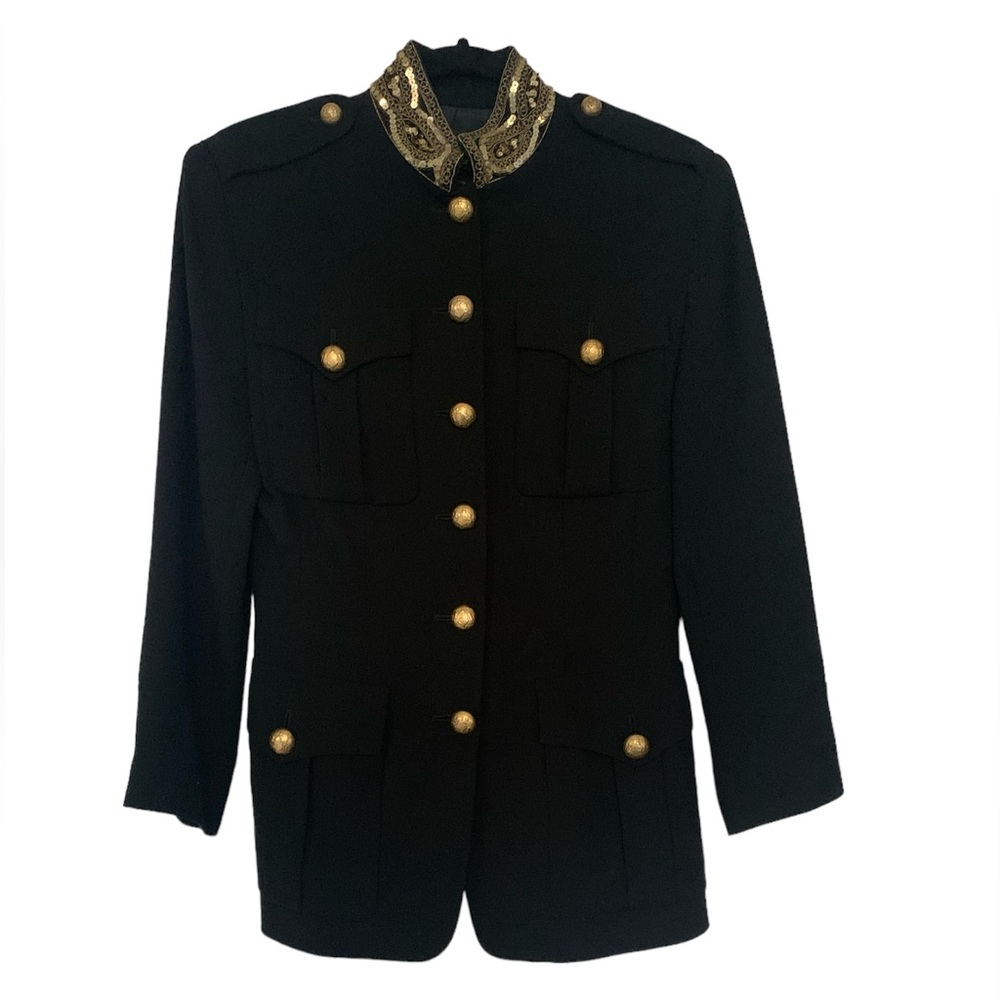 Vintage Donna Karan New York, Black Jacket with Gold Sequin Collar, Size 4